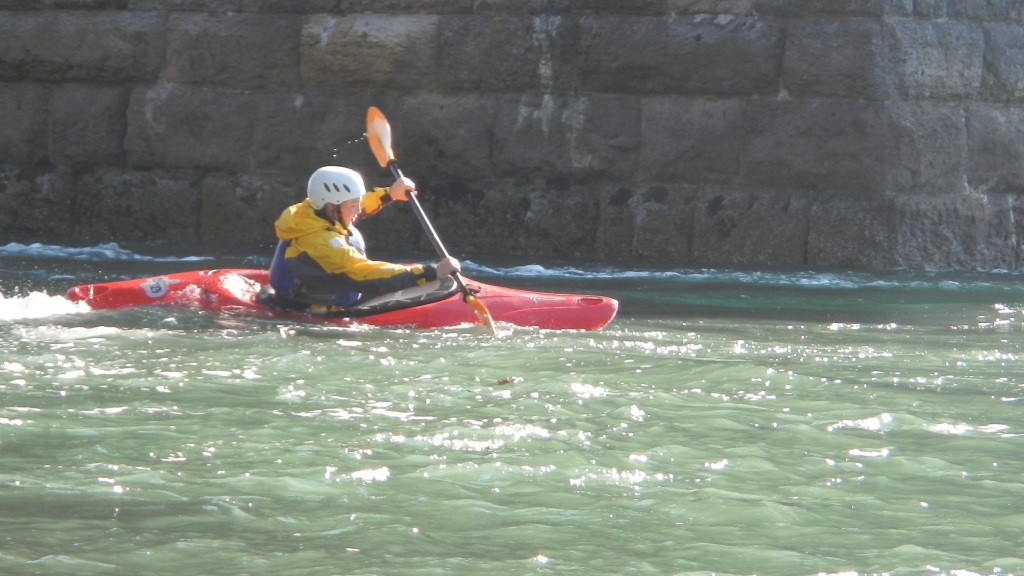 One of the students breaking into the flow under the Menai Bridge